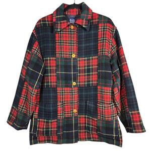 Vintage Gap Jacket Women Small Red Green Plaid Wool Patchwork Button Tartan Coat